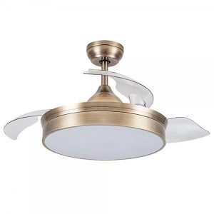 lampara ventilador de techo metal grande pequeno dorado con luz motor dc silencioso aspas retractiles transparentes plegables
